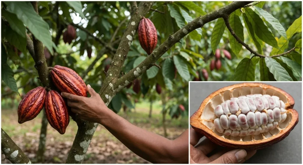 Mână de fermier culegând păstăi de cacao coapte dintr-un arbore de cacao într-o plantație umbrită.