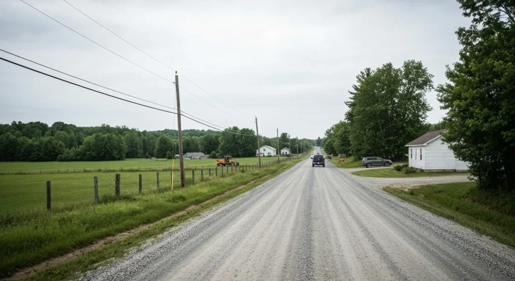 O stradă de pământ bine întreținută într-un oraș rural, cu vehicule care circulă pe ea.