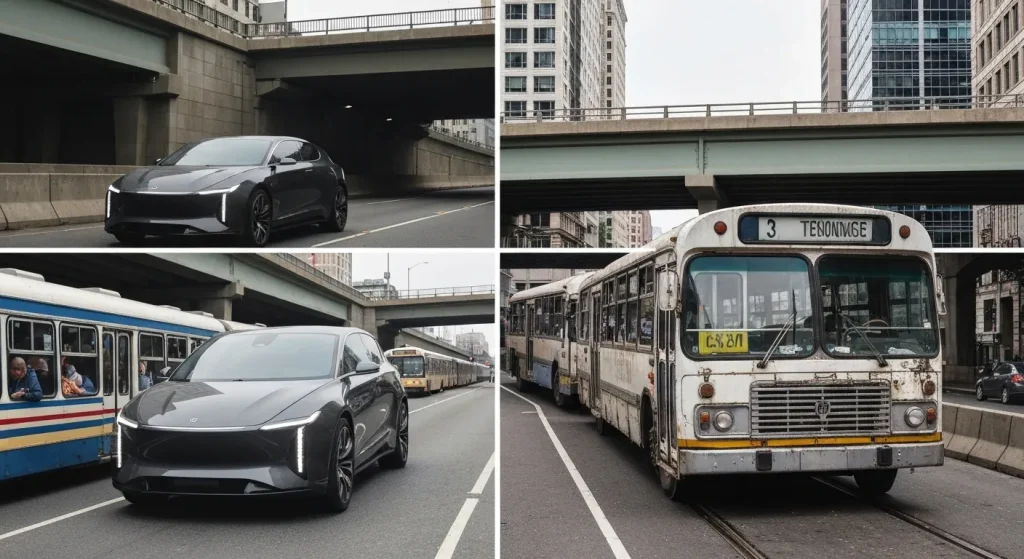 O imagine care prezintă o comparație între mijloacele de transport private luxoase și transportul public neglijat, evidențiind o discrepanță în investiții.