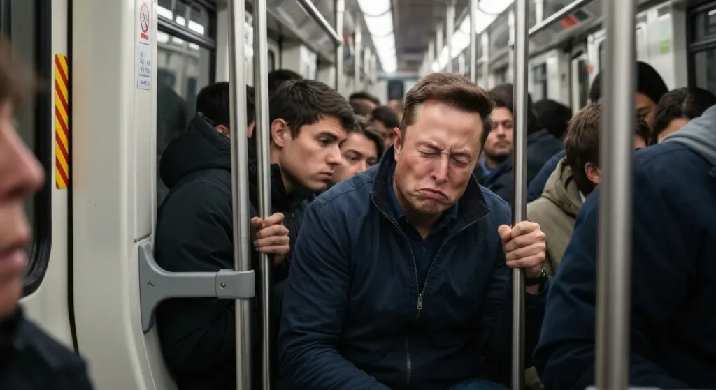 Un bărbat stă într-un vagon de metrou aglomerat, arătând nemulțumit.