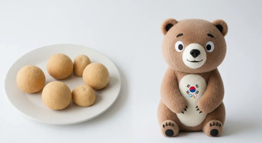 Urs de lună antropomorf, mascotă a Jocurilor Paralimpice de Iarnă din PyeongChang 2018, cu o expresie prietenoasă.