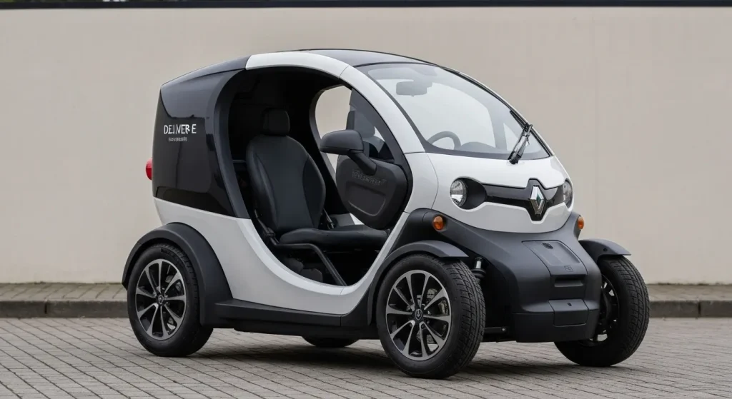 Un prototip al unui vehicul electric de livrare mic, modern, cu o zonă de marfă extinsă și lumini LED programabile.