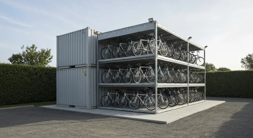 Un container maritim transformat într-un hub sigur pentru biciclete, cu suporturi pentru 24 de biciclete pe două niveluri, iluminat cu senzori de mișcare și panouri solare.