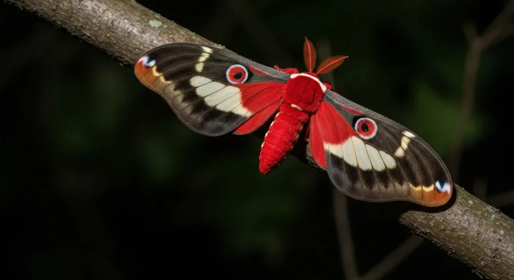 Molie cecropia (Hyalophora cecropia) cu aripi mari, colorate în negru, roșu și alb, așezată pe o ramură de copac.
