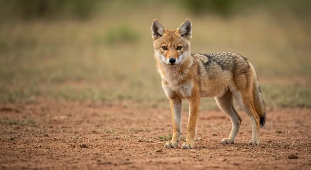 Un lup auriu african (Canis anthus), de talie mică, cu blană aurie, asemănător cu un șacal.