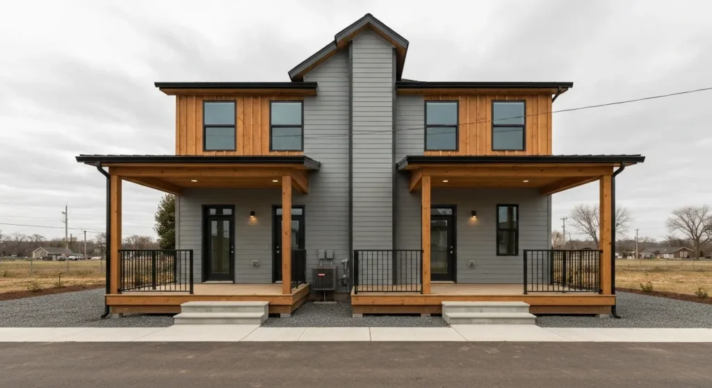 Un duplex modern cu două intrări separate, terase private și o curte comună, construit din materiale simple, dar durabile.