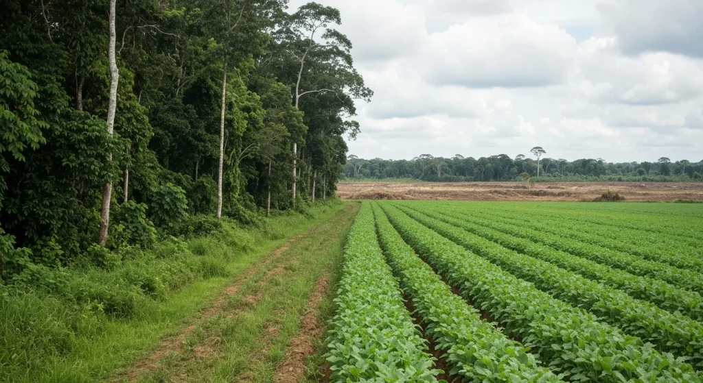O imagine a unei păduri tropicale luxuriante, cu un câmp agricol în fundal, ilustrând relația dintre despăduriri și agricultură în Amazon.