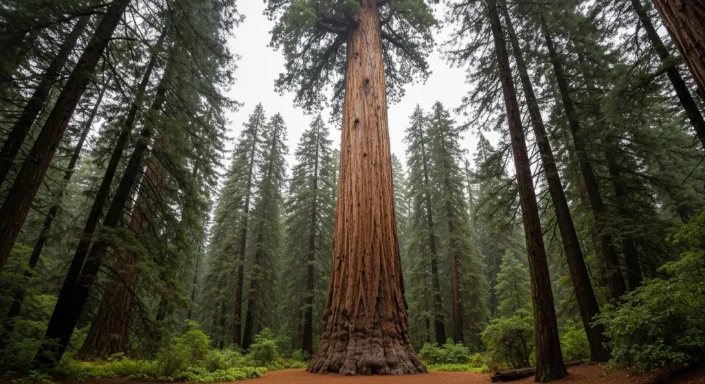 Un copac Sequoia uriaș, înalt și impunător, într-o pădure densă.