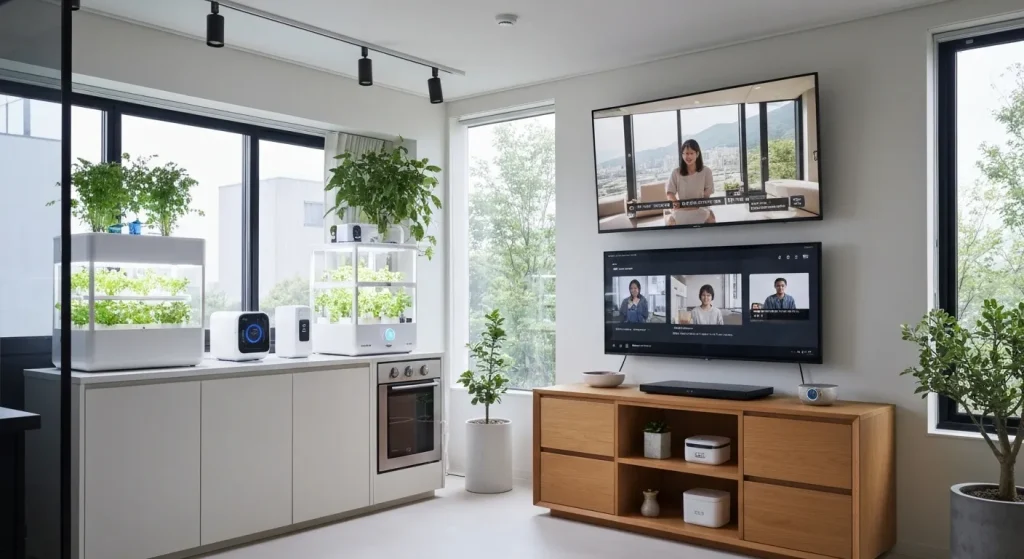 Interior modern, cu aparate inteligente integrate, o fermă interioară și ecrane mari.