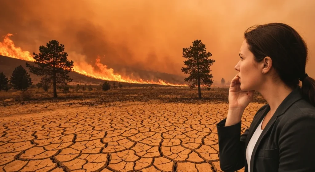 Un peisaj arid, afectat de secetă și incendii, cu o persoană în prim-plan care privește cu îngrijorare.