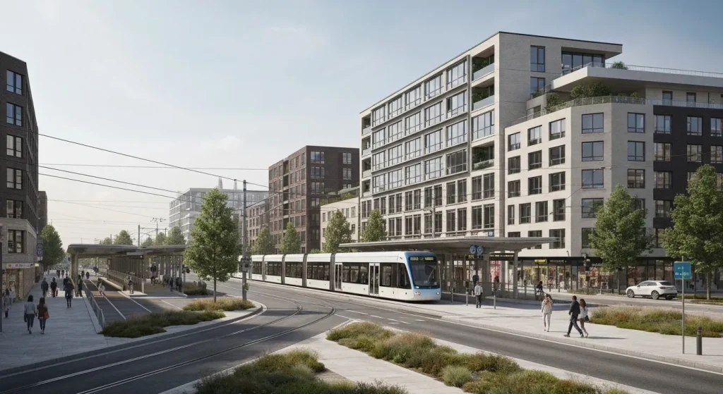 O imagine a unei zone urbane dense, cu clădiri înalte, piste de biciclete, trotuare largi și o stație de metrou vizibilă în apropiere.