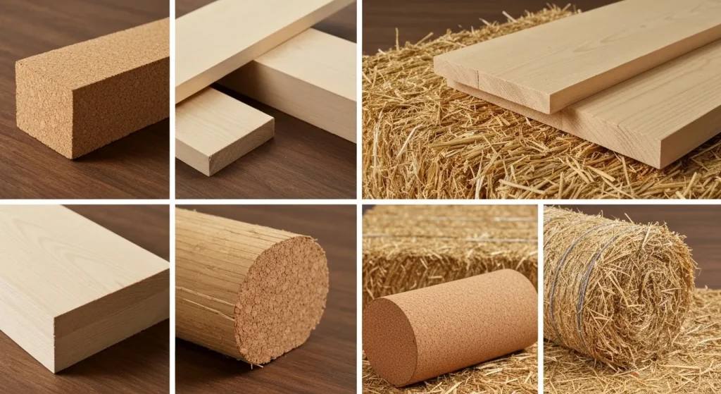 O imagine cu materiale de construcție naturale, precum lemn, paie și plută, utilizate în construcția unei clădiri.