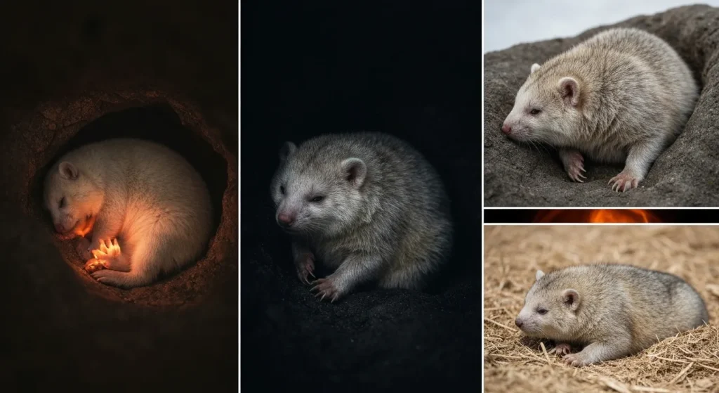 Un animal într-o stare de hibernare, cu temperatura corpului scăzută, respirație lentă și bătăi ale inimii reduse, înconjurat de un mediu întunecat și rece.