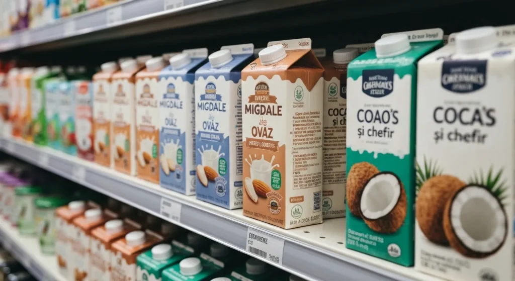 Un raft de supermarket cu diverse tipuri de lapte: de vacă, migdale, ovăz, soia, cocos și chefir.