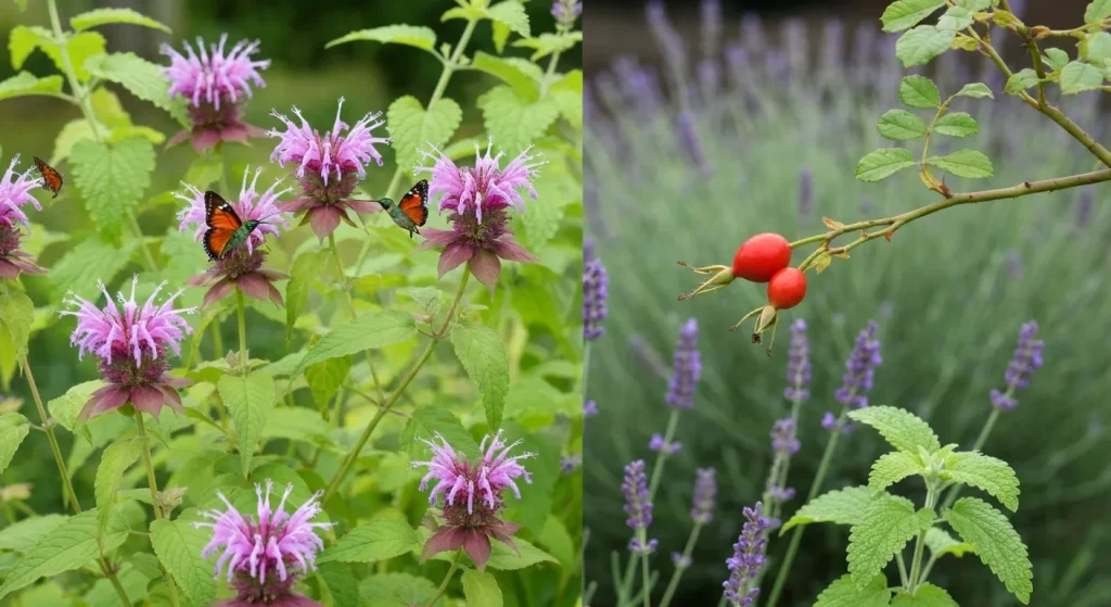 O grădină cu plante de bee balm, lavandă, balsam de lămâie și măceșe.
