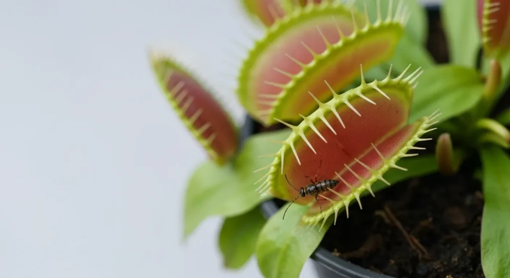 O plantă carnivoră Venus închisă, cu un insect mic prins în interior, evidențiind perii mici de pe marginile capcanei.