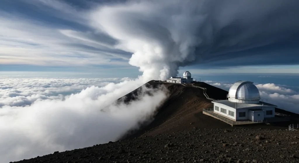 Observator meteorologic pe un vârf muntos, cu nori ce se unduiesc pe cer.