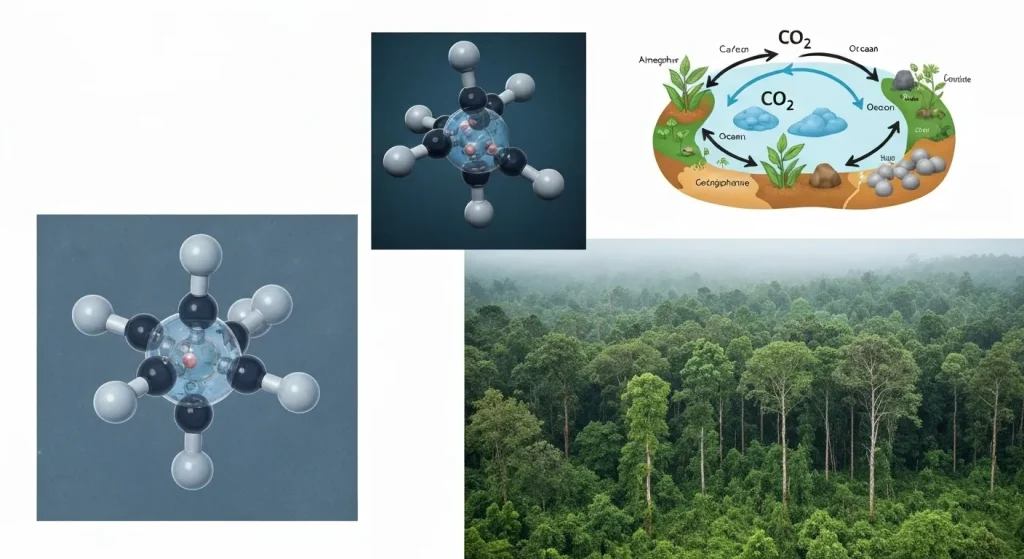 O imagine microscopică a unei molecule de dioxid de carbon și o ilustrație a ciclului carbonului, incluzând plante, oceane și formațiuni geologice.