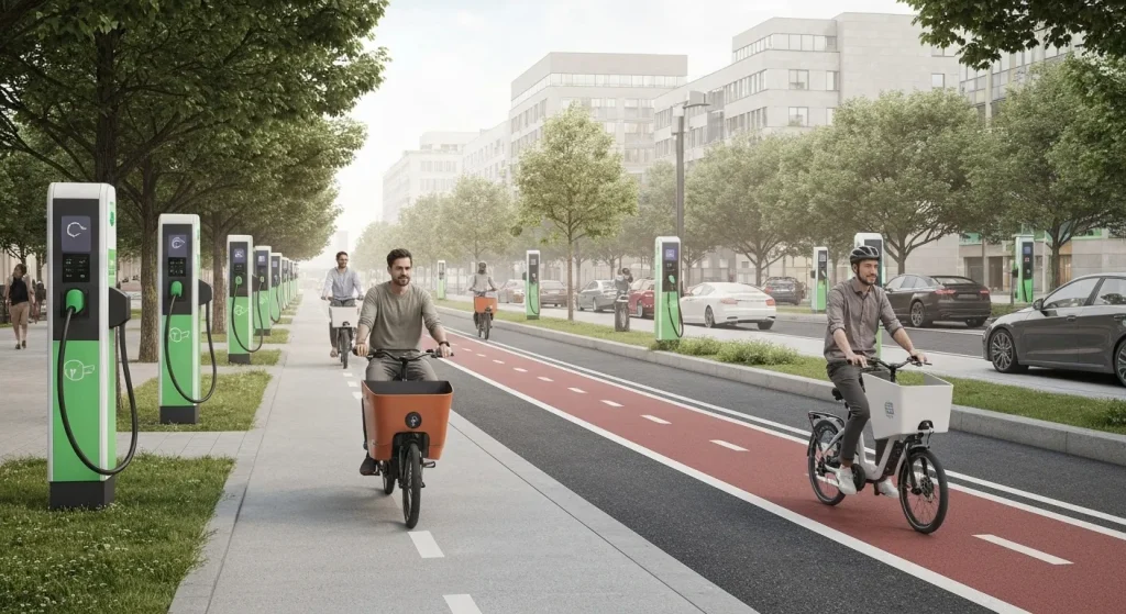 O stradă modernă din oraș cu numeroase stații de încărcare pentru mașini electrice și biciclete cargo electrice.