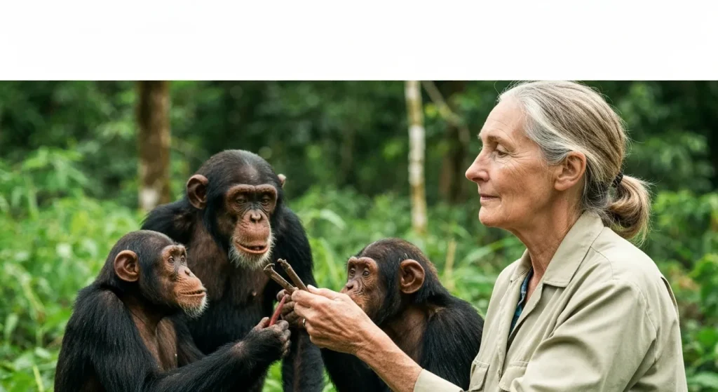 Imagini de arhivă cu Jane Goodall în Parcul Național Gombe, Tanzania, observând cimpanzei în habitatul lor natural.