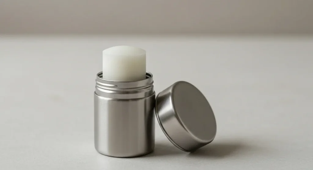 Recipient metalic reutilizabil pentru deodorant, cu rezervă de plastic reciclat.