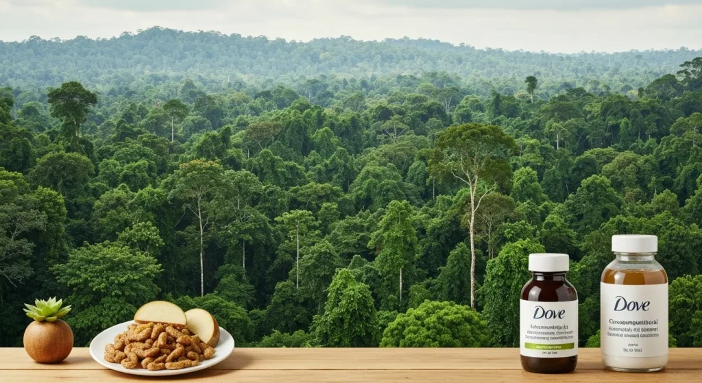 O imagine a unei păduri tropicale luxuriante din Sumatra, cu animale sălbatice vizibile și copaci verzi.