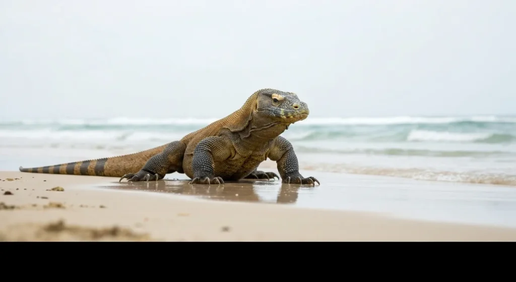 Un dragon Komodo în habitatul său natural, cu vegetație tropicală și apă în fundal.