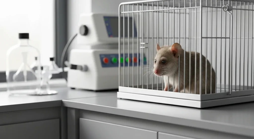 O imagine a unui animal închis într-o cușcă de laborator, înconjurat de echipamente științifice.