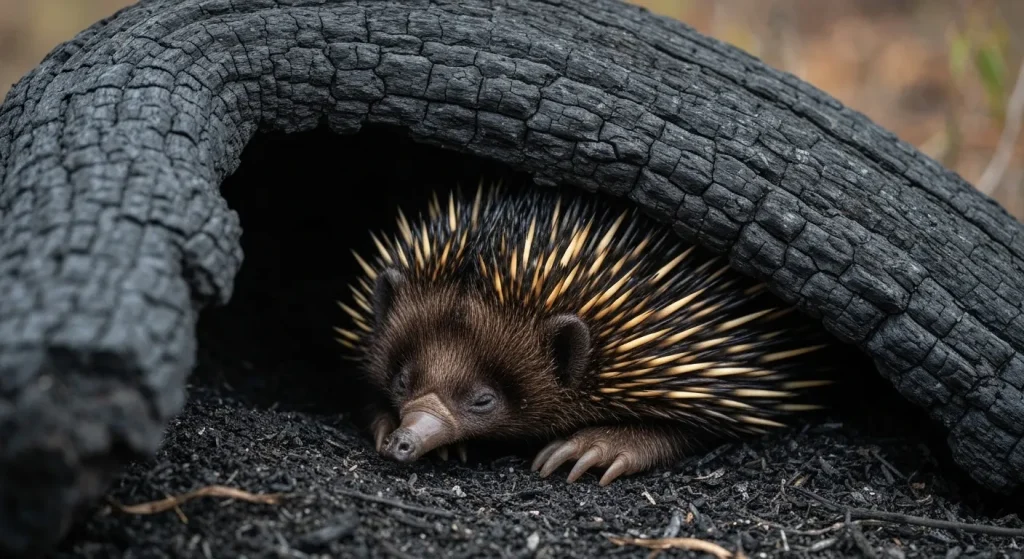 O echidnă spinoasă dormind într-o vizuină arsă, după un incendiu de vegetație.