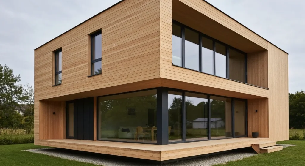 O casă prefabricată panelizată, cu design minimalist și pereți cu izolație groasă, este prezentată.