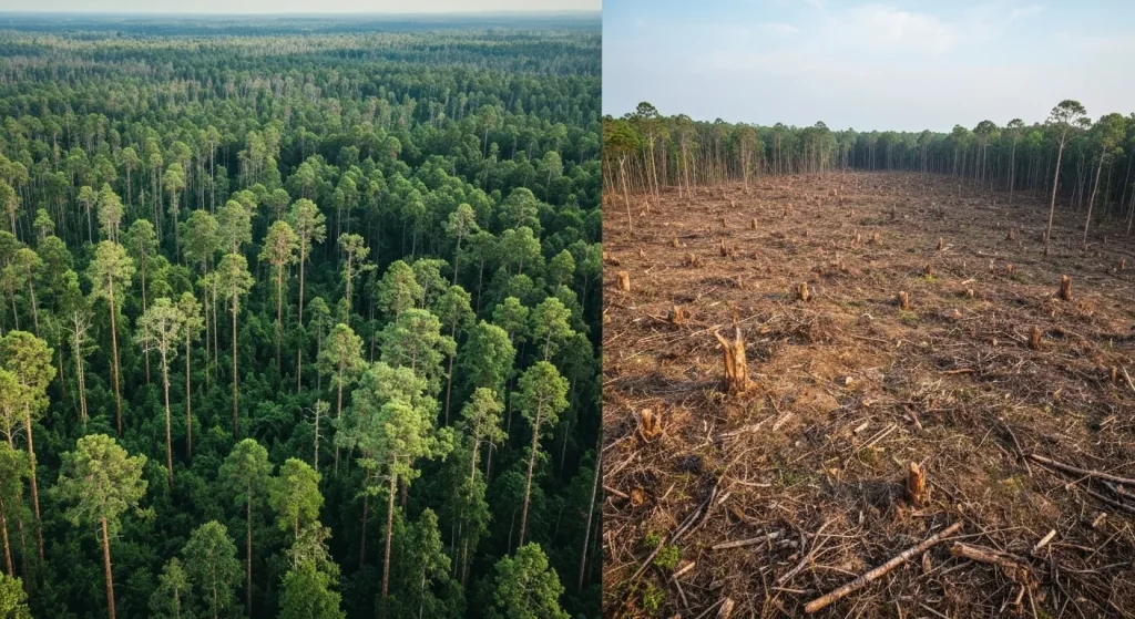 O imagine care prezintă o pădure luxuriantă, în contrast cu o zonă defrișată, ilustrând importanța pădurilor în combaterea schimbărilor climatice.