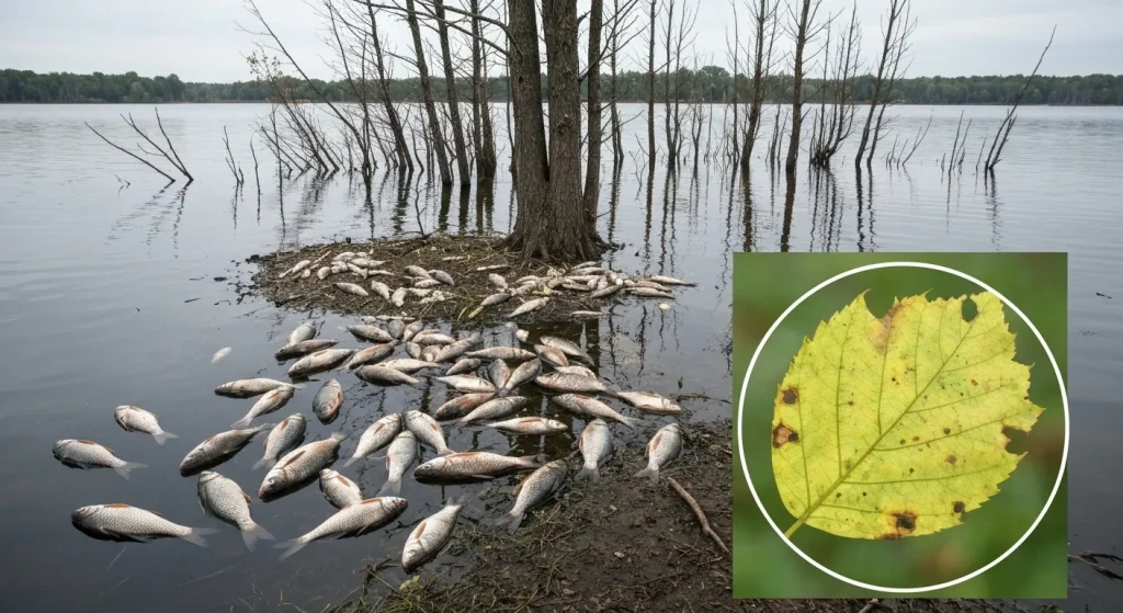 Peisaj cu un lac poluat, copaci uscați și frunze afectate de ploaia acidă.