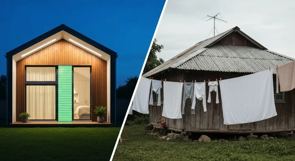 O comparație între o casă modernă, bine iluminată și o casă mai simplă cu rufe uscate la soare.