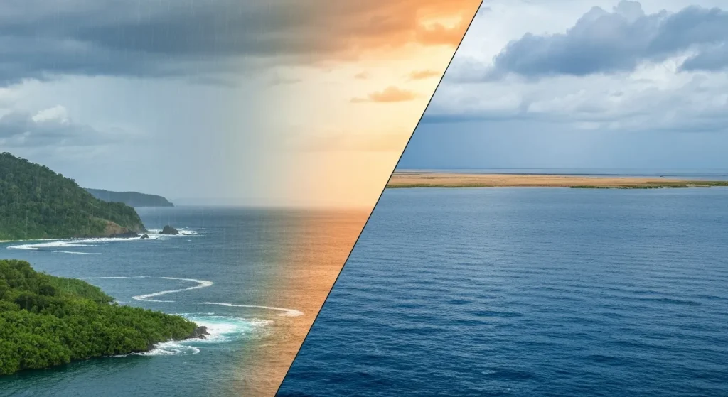 Reprezentarea grafică a contrastului dintre apele calde ale Oceanului Pacific în timpul El Niño și apele mai reci în timpul La Niña.