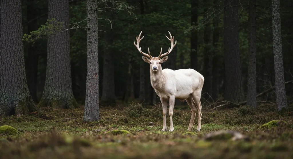 Un elan leucistic, cu blană palidă, stă într-o pădure.