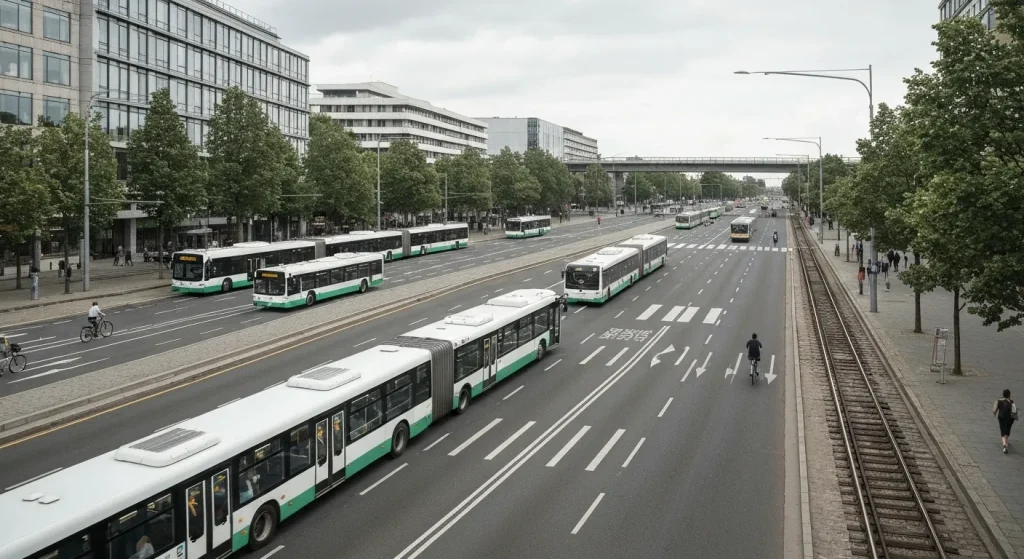 O imagine care prezintă un sistem de transport urban integrat, cu autobuze electrice, biciclete și trenuri, precum și centre urbane de consolidare pentru reducerea congestiei.