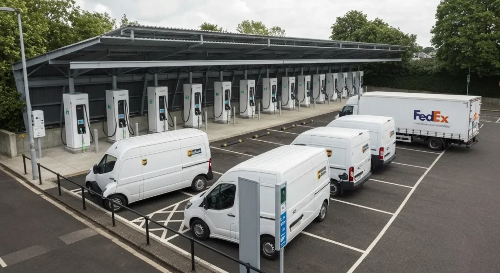 O stație mare de încărcare pentru vehicule electrice, cu mai multe furgonete electrice parcate și conectate la stație.