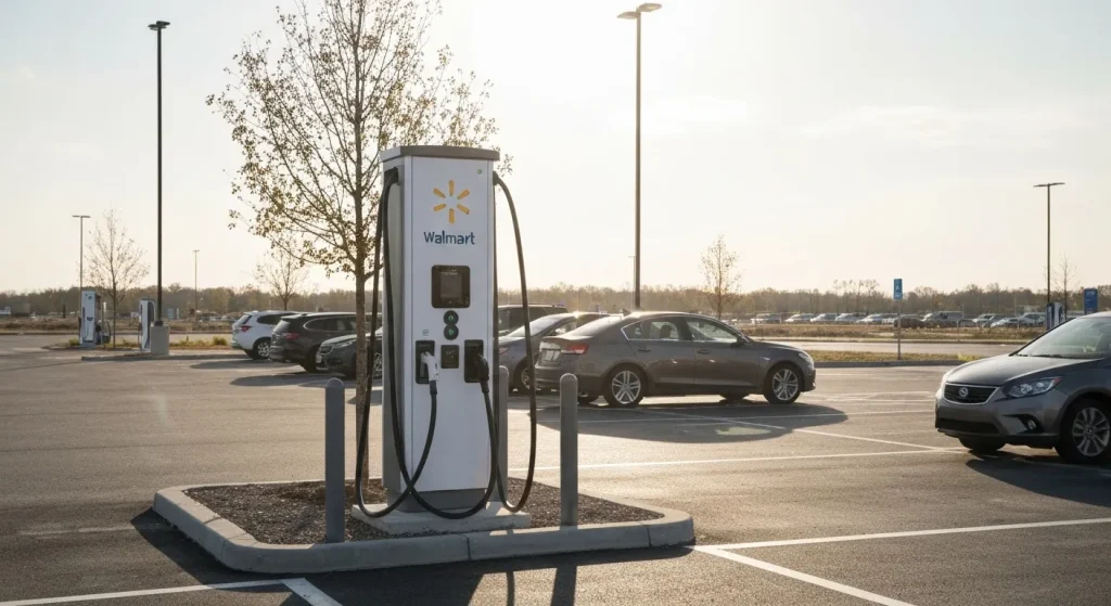 Stație de încărcare rapidă pentru vehicule electrice amplasată într-o parcare Walmart.