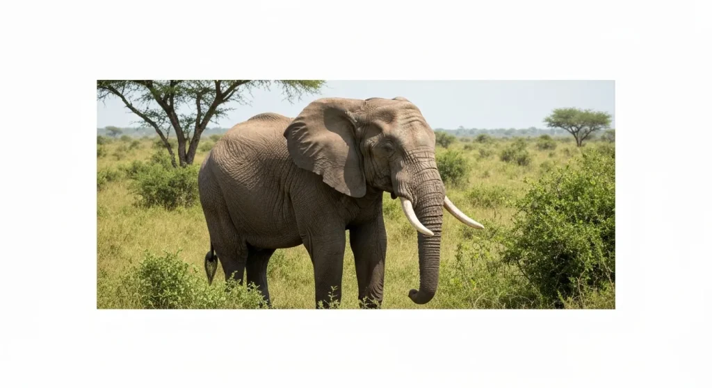 Un elefant african adult într-un peisaj natural luxuriant.