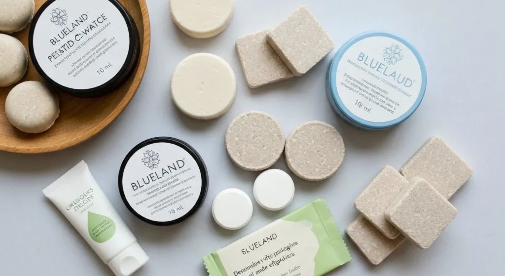 Produse cosmetice și de curățenie sub formă solidă, ambalate minimal sau fără ambalaj, aranjate pe o suprafață.