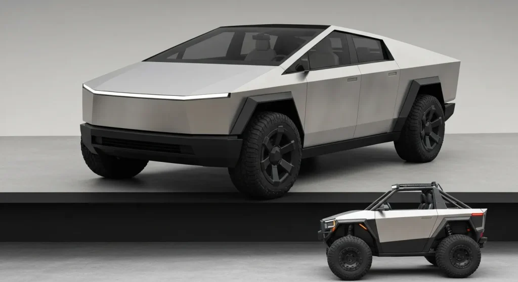 Un camion Tesla Cybertruck, cu caroserie metalică trapezoidală, este prezentat într-un mediu luminos.