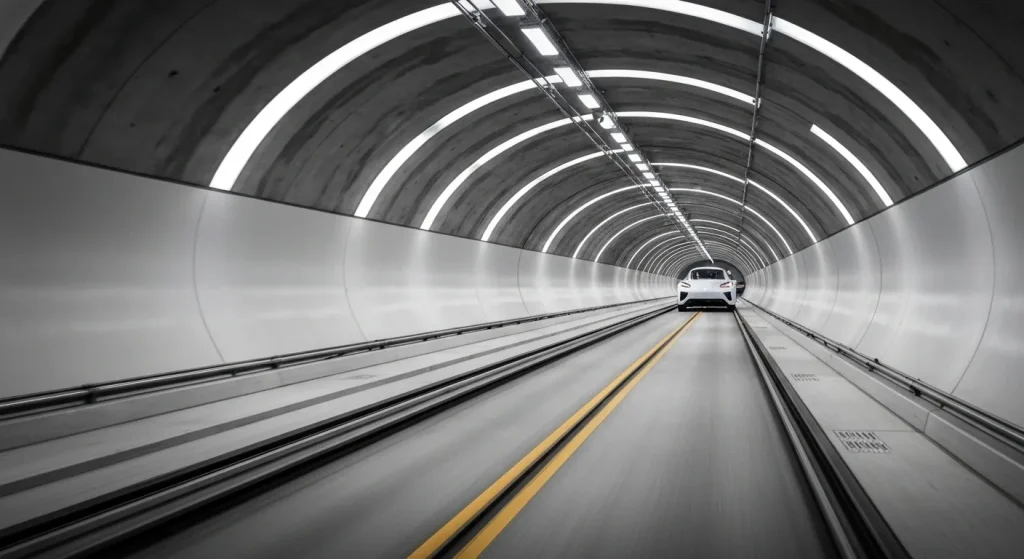 Interiorul unui tunel modern, futurist, cu iluminare sofisticată.