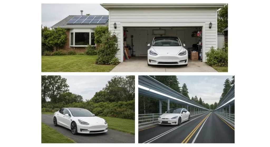 O mașină electrică într-un garaj suburban cu panouri solare pe acoperiș.