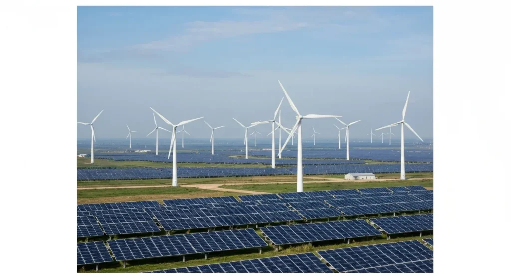 Panouri solare și turbine eoliene pe un peisaj extins.