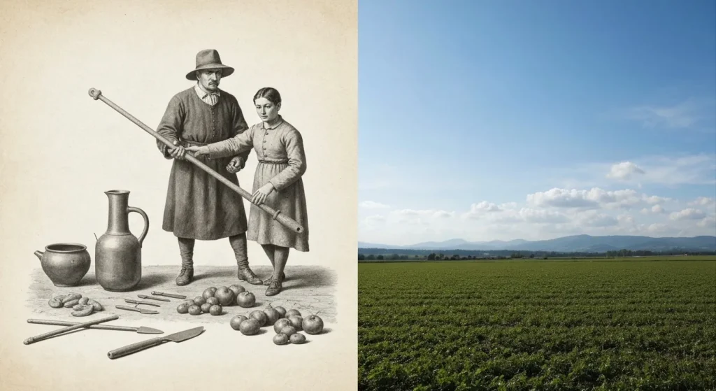 O ilustrație comparativă care prezintă evoluția utilizării energiei de la surse simple la combustibili fosili și tehnologia modernă.