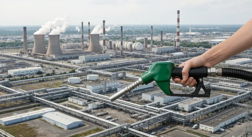 O mână ține un pistol de benzină pe fundalul unor fabrici și centrale electrice industriale.