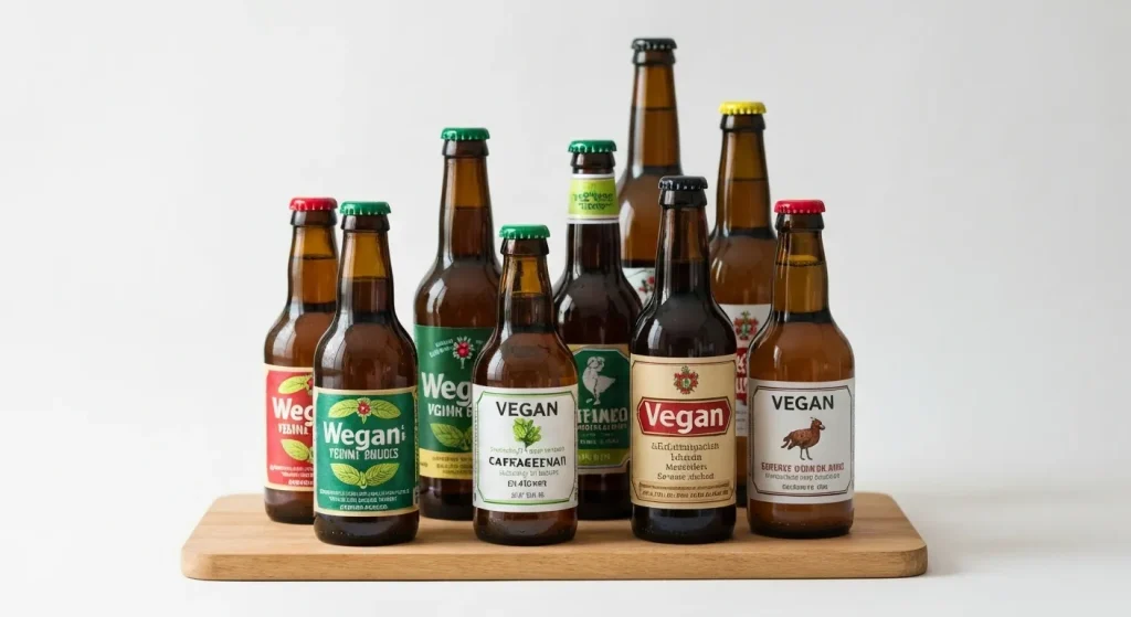 O fotografie cu o varietate de sticle de bere, unele etichetate ca vegane, altele nu.