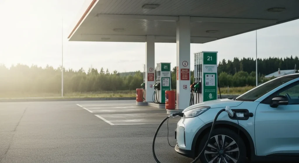 O mașină electrică se încarcă lângă o benzinărie tradițională.