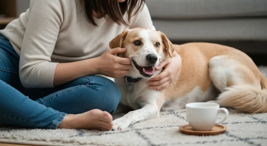 Un câine fericit se bucură de mângâierea stăpânului său, întins pe un covor moale.