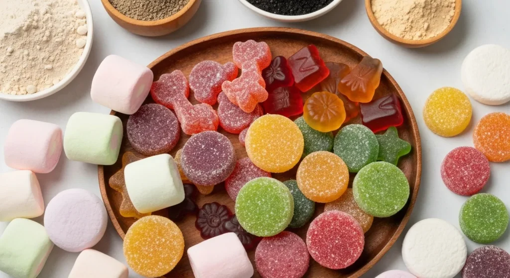 Aranjament colorat de bomboane vegane, marshmallows și pliculețe cu pudră de agar-agar.